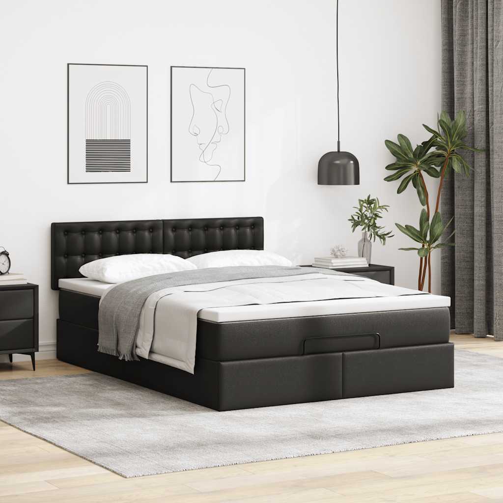 vidaXL Łóżko otomana z materacami i LED, czarna, 140x200cm, ekoskóra