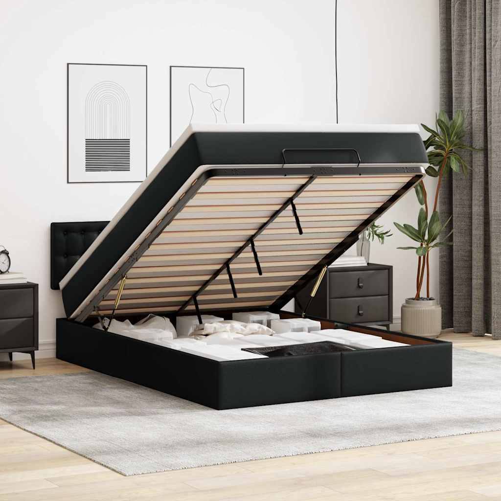 vidaXL Łóżko otomana z materacami i LED, czarna, 140x200cm, ekoskóra