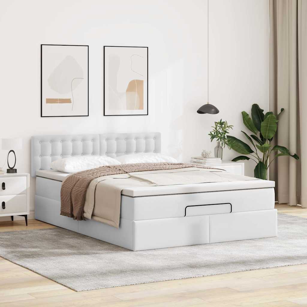 vidaXL Łóżko otomana z materacami i LED, biała, 140x200cm, ekoskóra