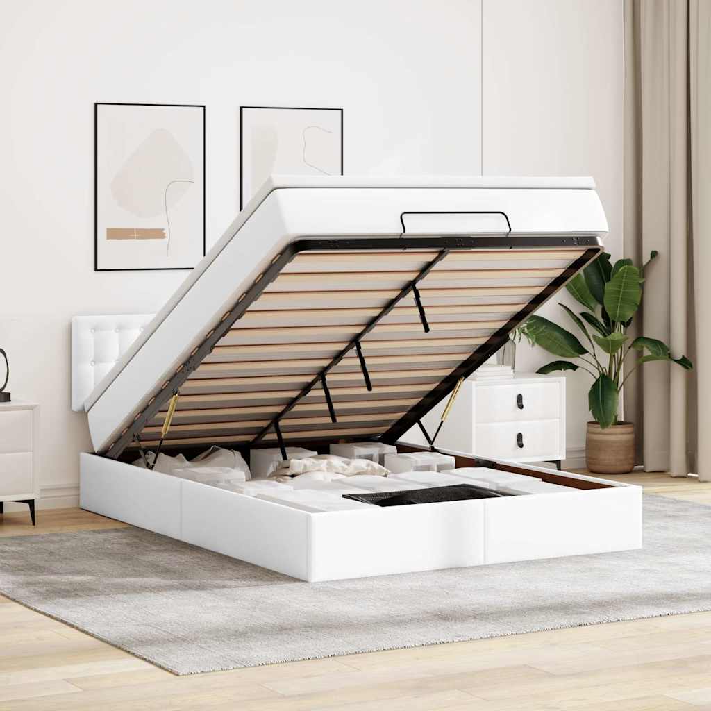 vidaXL Łóżko otomana z materacami i LED, biała, 140x200cm, ekoskóra