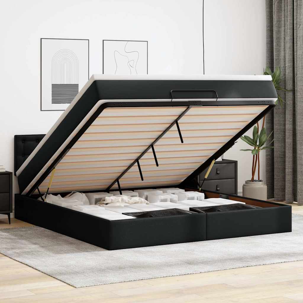 vidaXL Łóżko otomana z materacami i LED, czarna, 160x200cm, ekoskóra