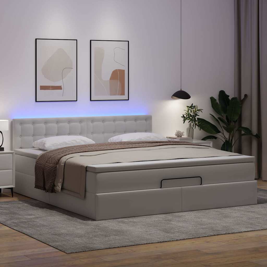 vidaXL Łóżko otomana z materacami i LED, biała, 160x200cm, ekoskóra