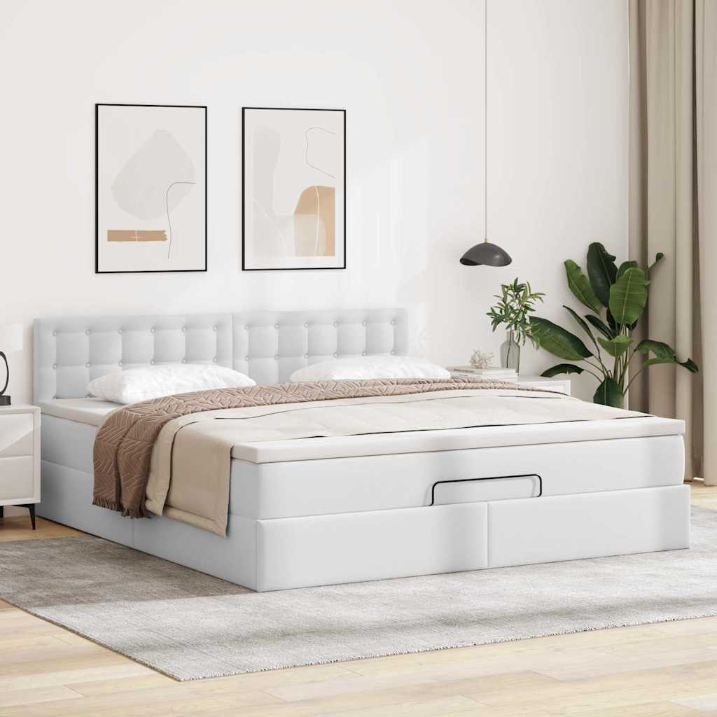 vidaXL Łóżko otomana z materacami i LED, biała, 160x200cm, ekoskóra