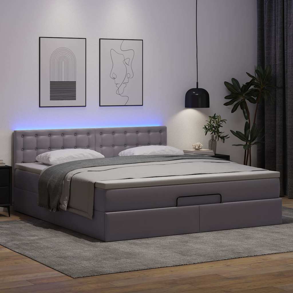 vidaXL Łóżko otomana z materacami i LED, szara, 160x200cm, ekoskóra