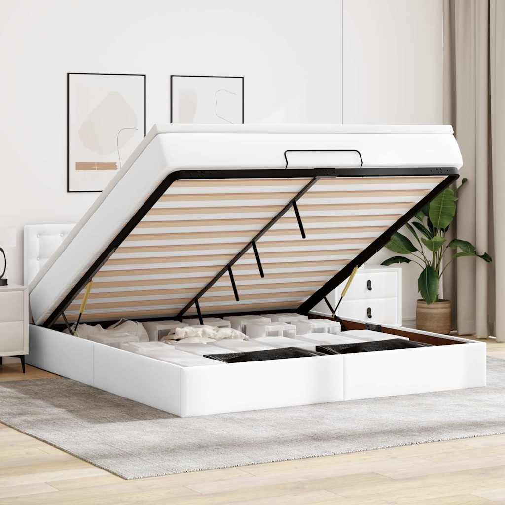 vidaXL Łóżko otomana z materacami i LED, biała, 180x200cm, ekoskóra