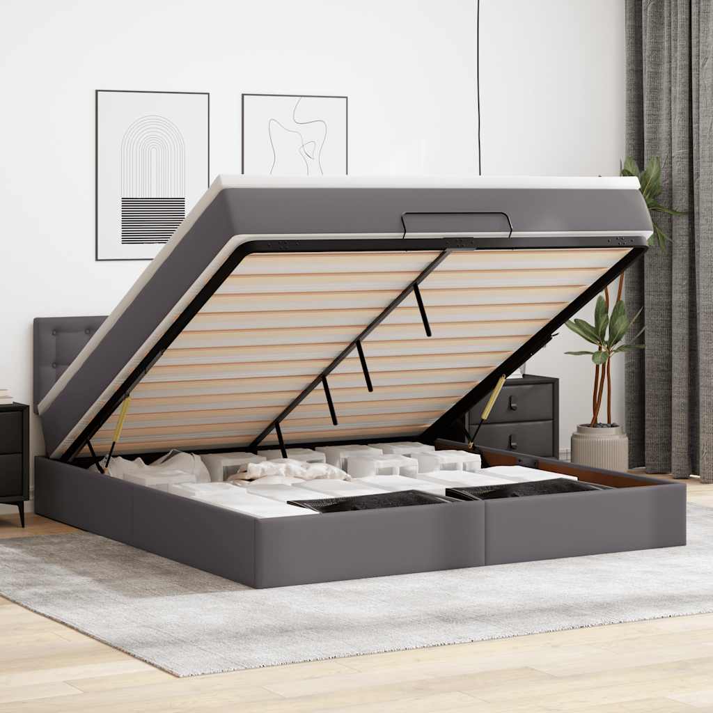vidaXL Łóżko otomana z materacami i LED, szara, 180x200cm, ekoskóra
