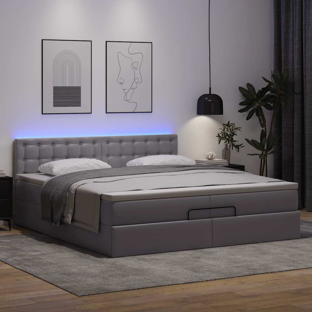 vidaXL Rama łóżka otomana z materacem, szara, 200x200 cm, ekoskóra