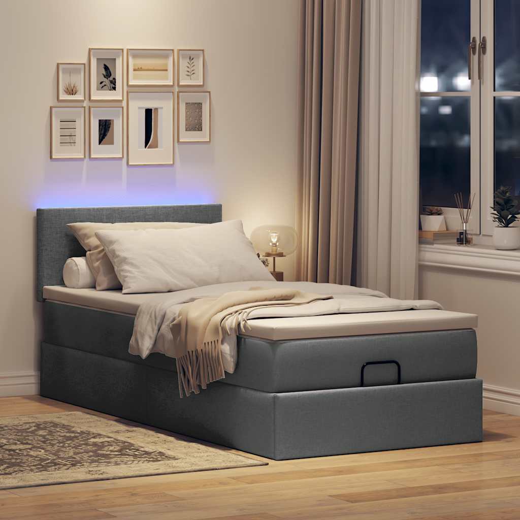 vidaXL Łóżko otomana z materacem i LED, ciemnoszary, 90x200 cm tkanina