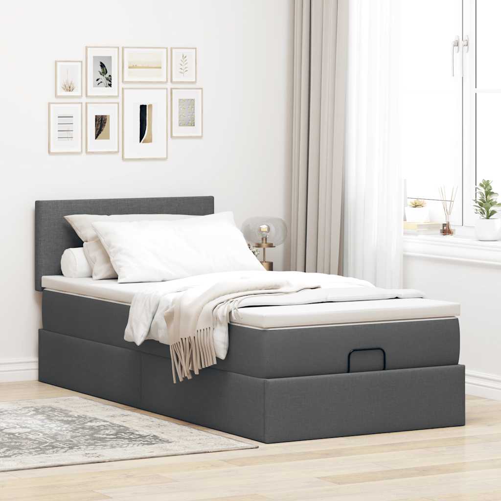vidaXL Łóżko otomana z materacem i LED, ciemnoszary, 90x200 cm tkanina