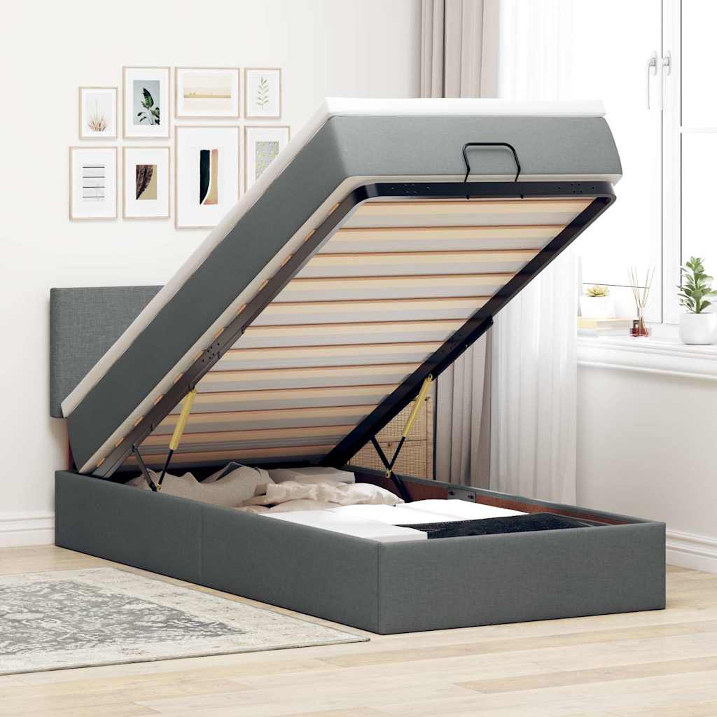 vidaXL Łóżko otomana z materacem i LED, ciemnoszary, 90x200 cm tkanina