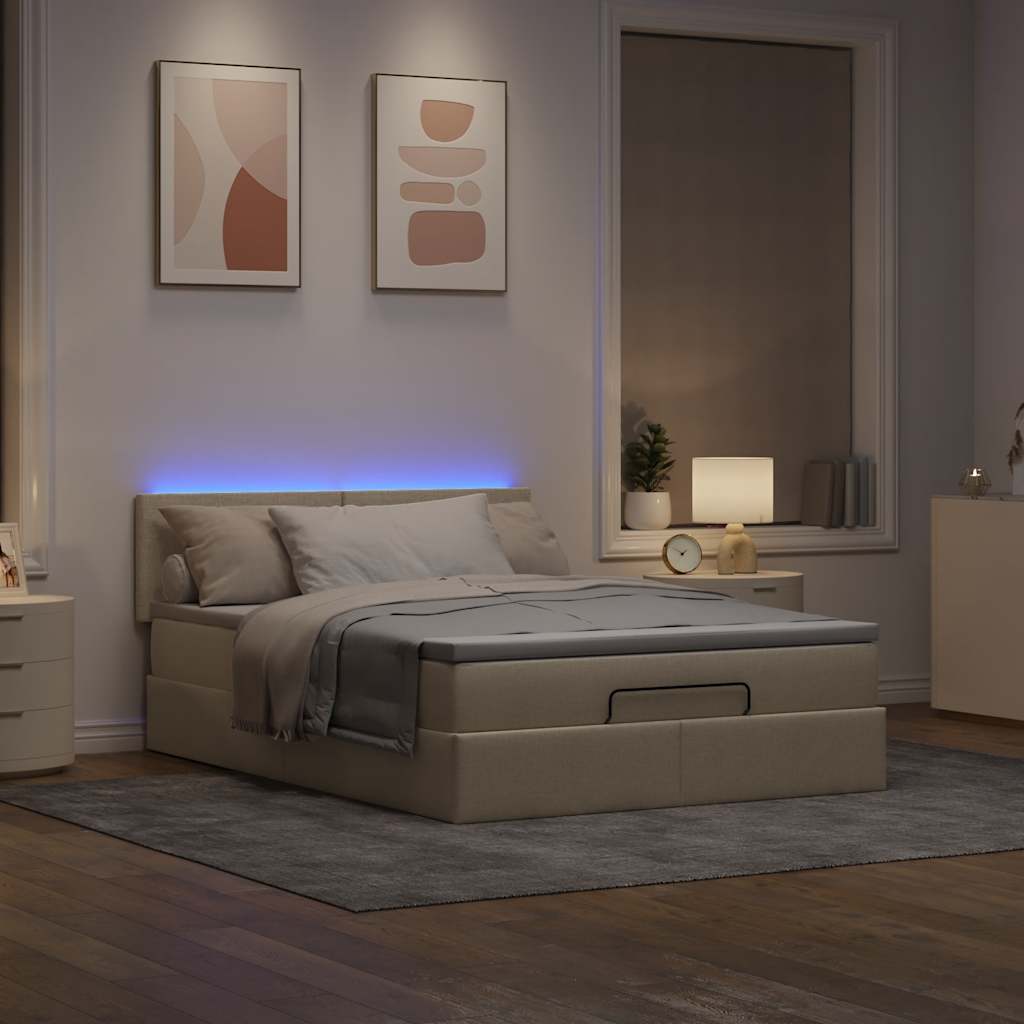 vidaXL Łóżko Ottoman z materacem i diodami LED kremowe 140x190 cm