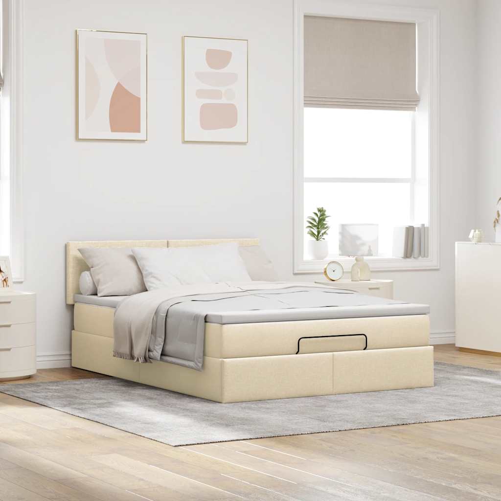 vidaXL Łóżko Ottoman z materacem i diodami LED kremowe 140x190 cm