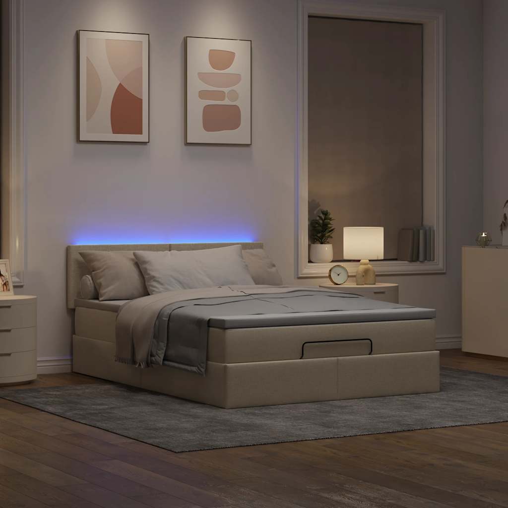 vidaXL Otomana Łóżko z Materacem i LED Kremowy 140x200 cm Tkanina