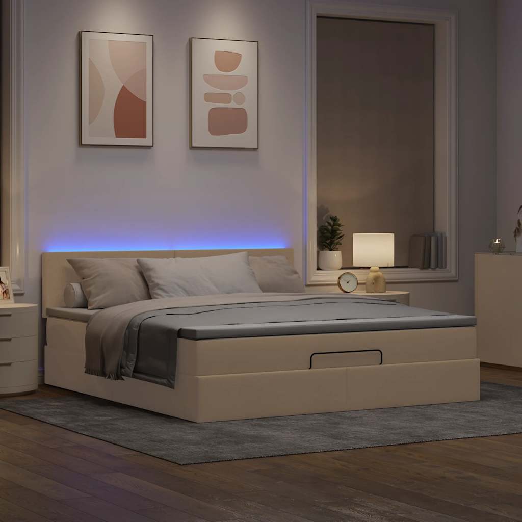 vidaXL Otomana Łóżko z Materacem i LED, kremowy, 180x200cm, tkanina