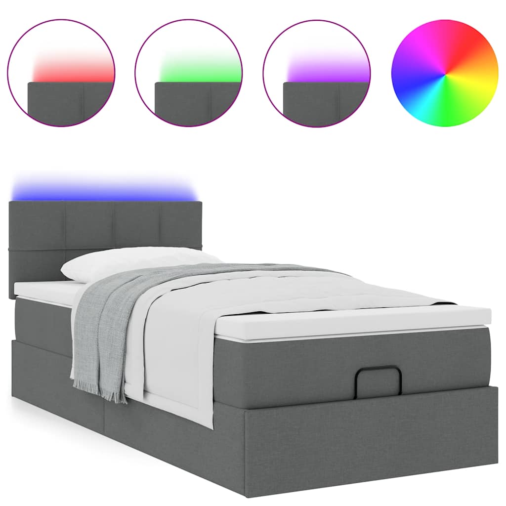vidaXL Łóżko otomana z materacem i LED, ciemnoszary, 90x200 cm tkanina