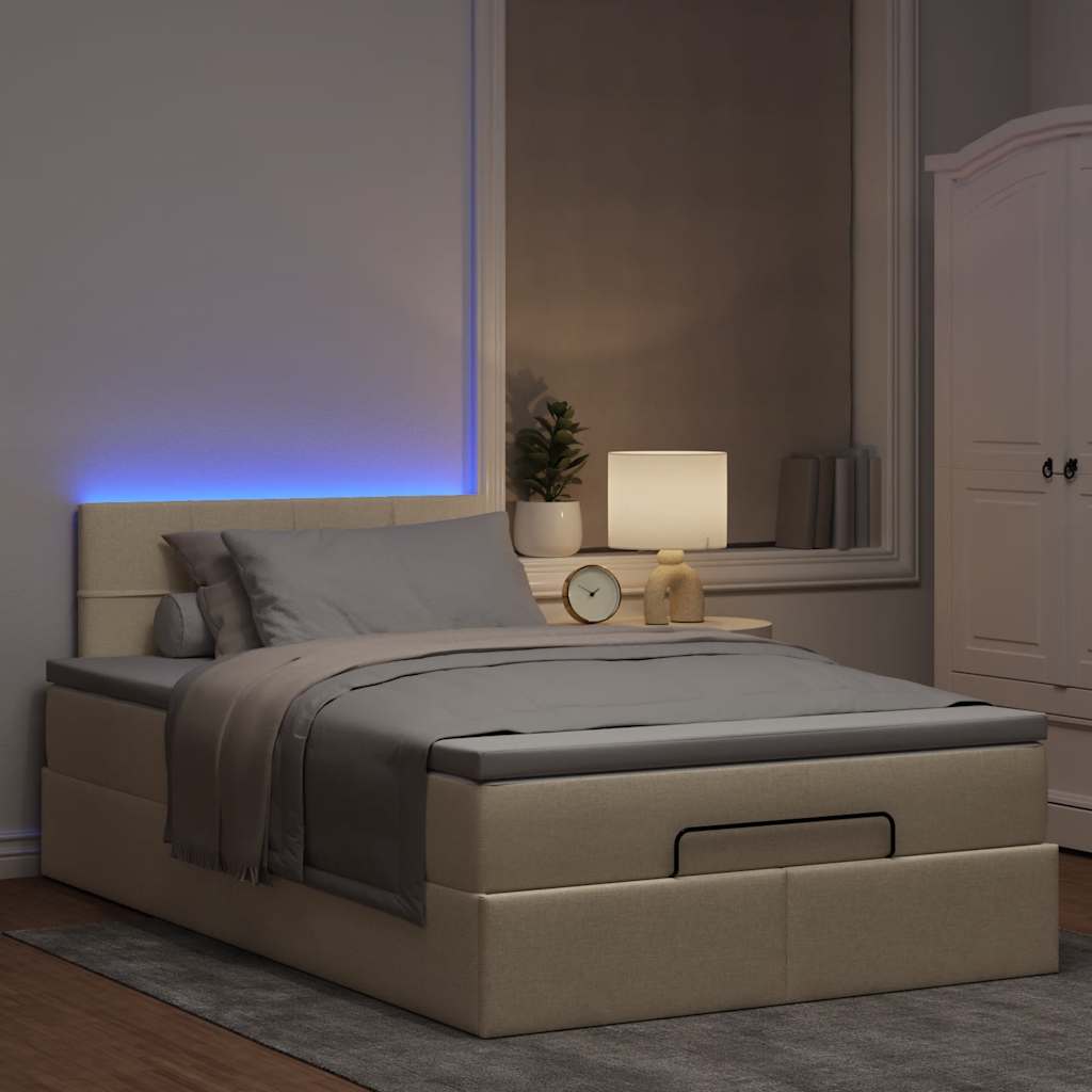 vidaXL Łóżko otomana z materacem i LED, kremowy, 120x190cm, tkanina