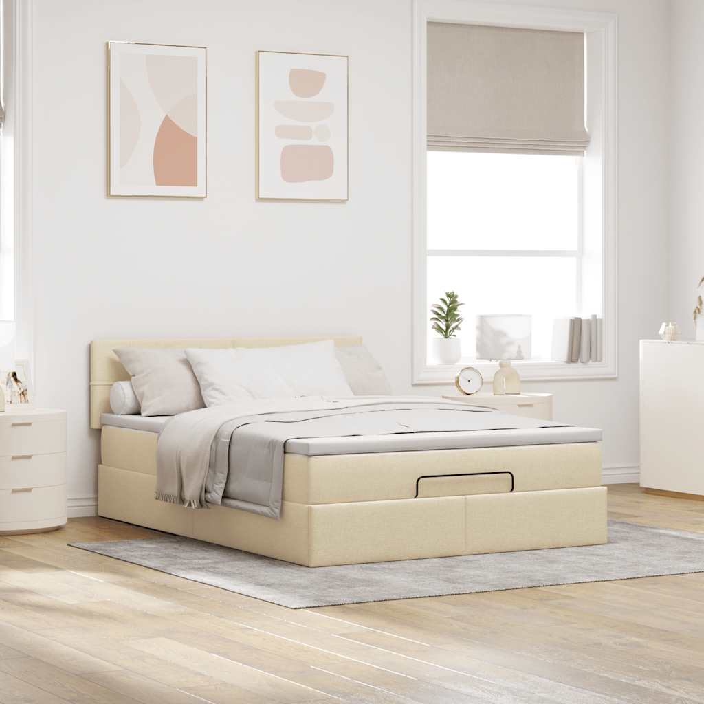 vidaXL Łóżko Ottoman z materacem i diodami LED kremowe 140x190 cm