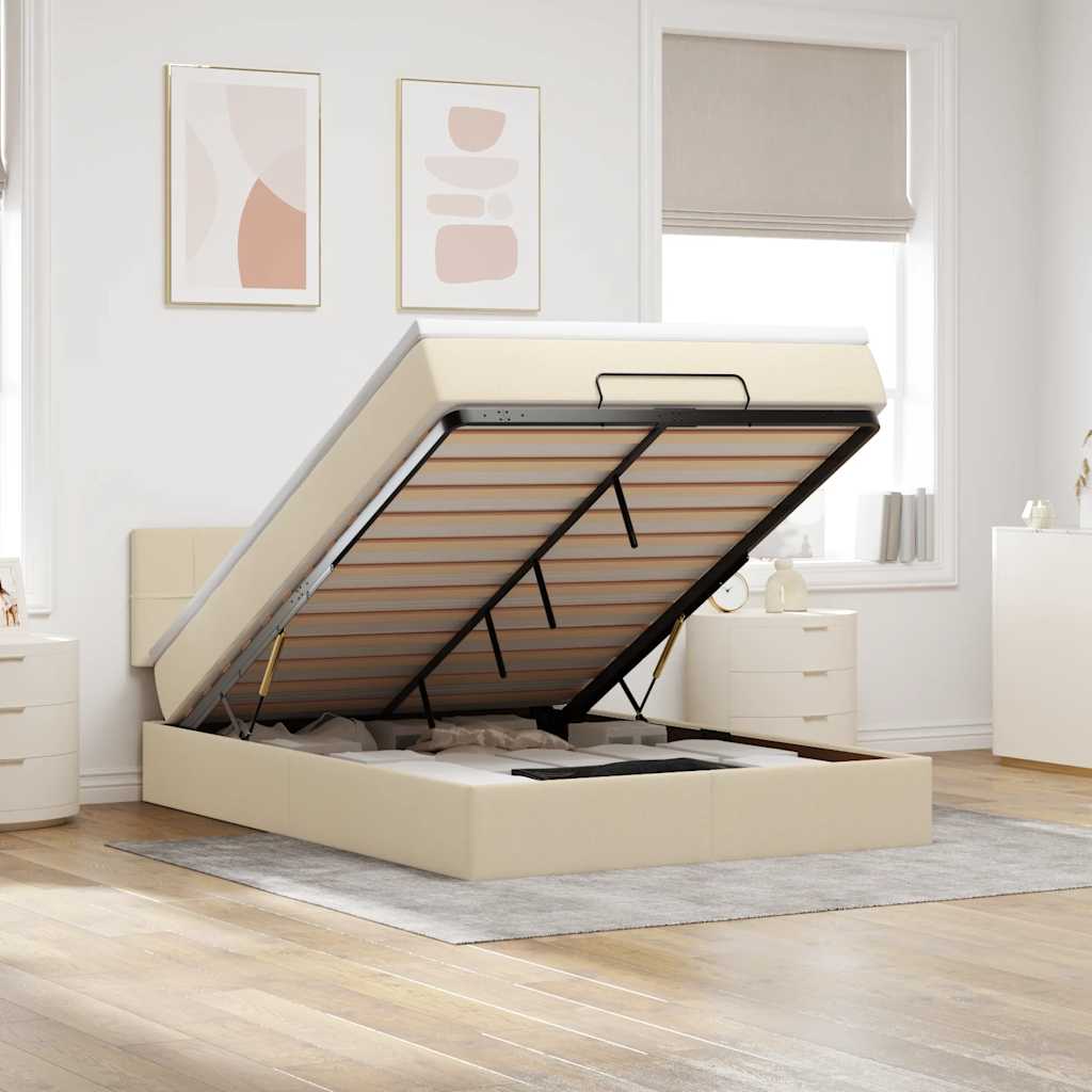 vidaXL Łóżko Ottoman z materacem i diodami LED kremowe 140x190 cm