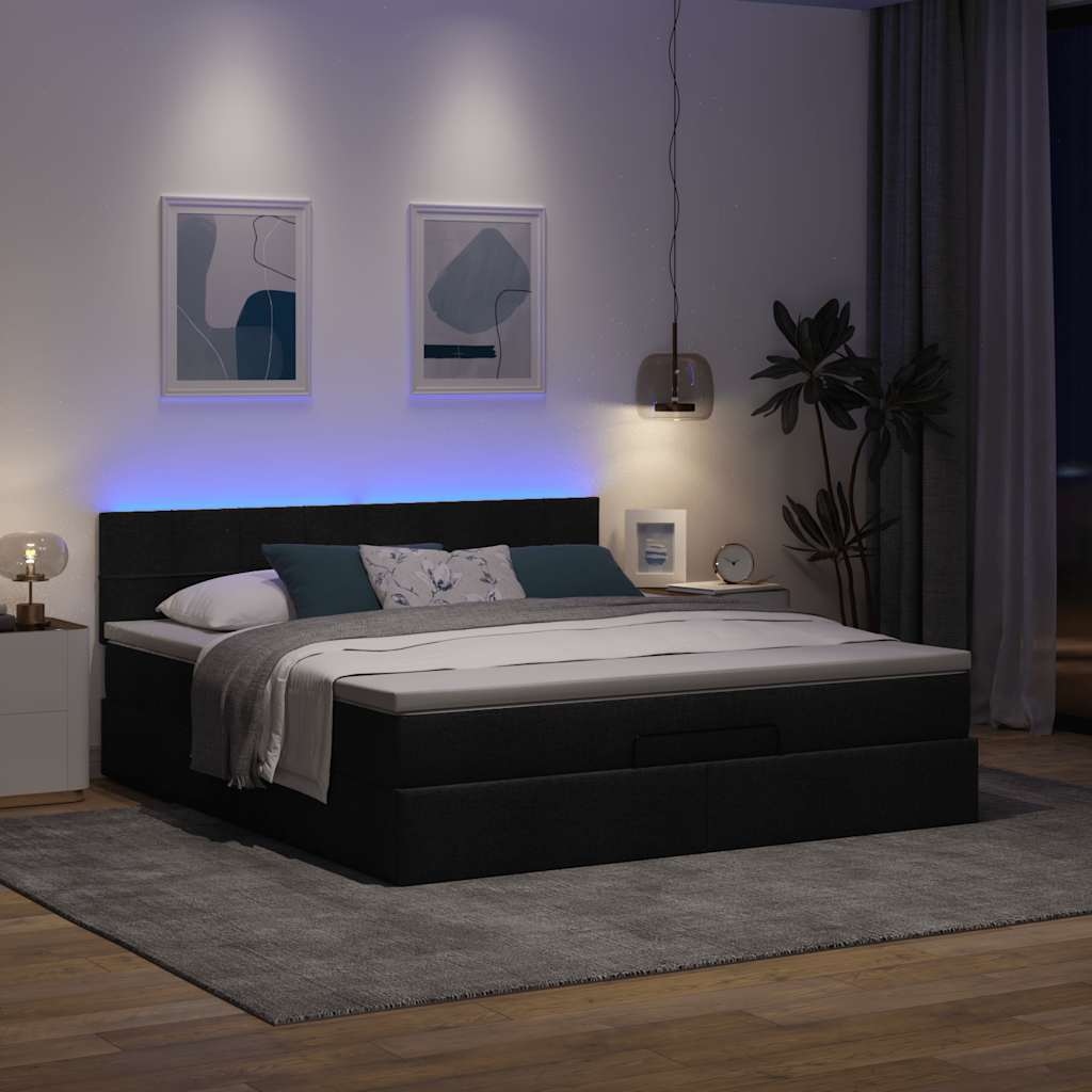 vidaXL Łóżko Ottoman z materacem i LED, czarny, 180x200cm, tkanina