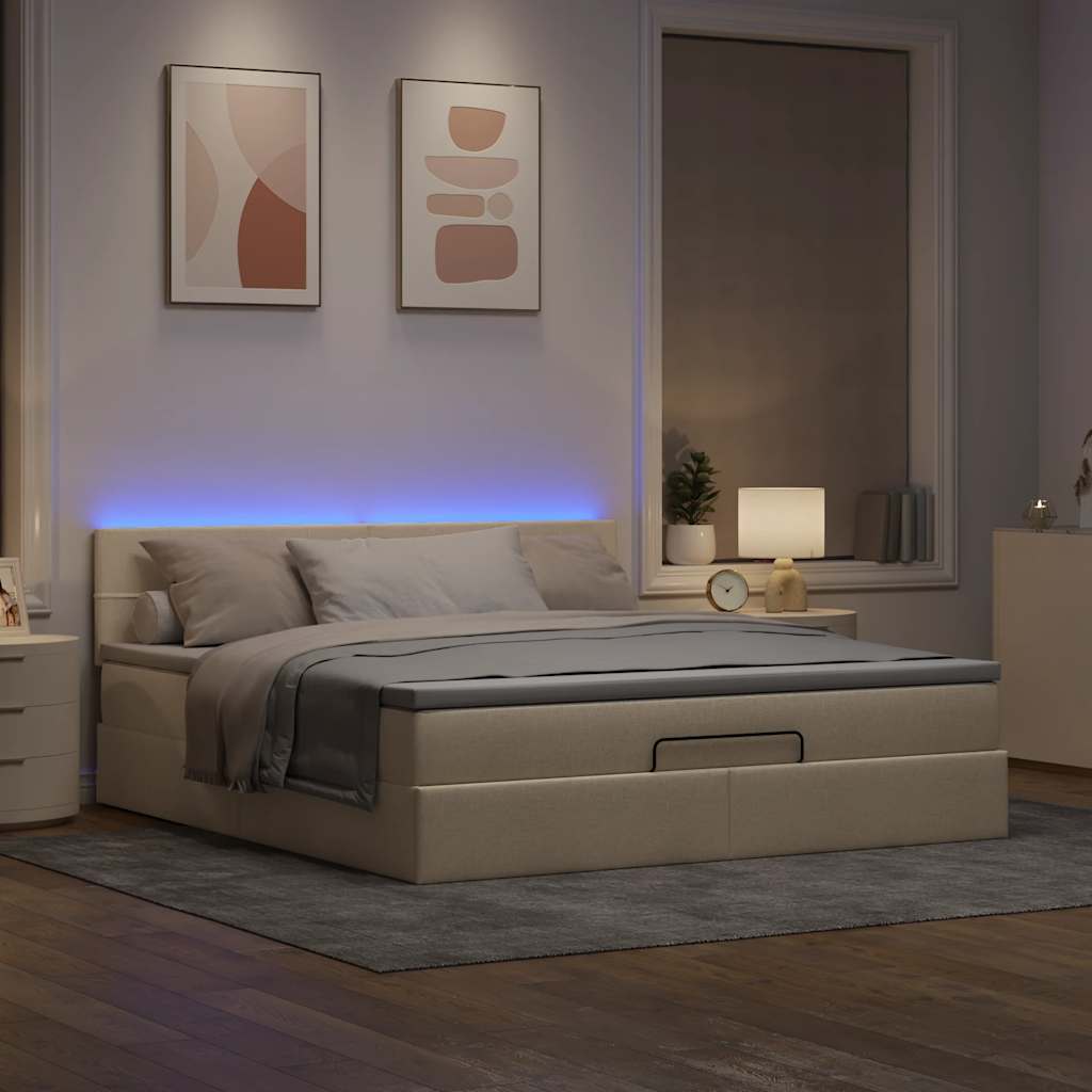 vidaXL Otomana Łóżko z Materacem i LED, kremowy, 180x200cm, tkanina