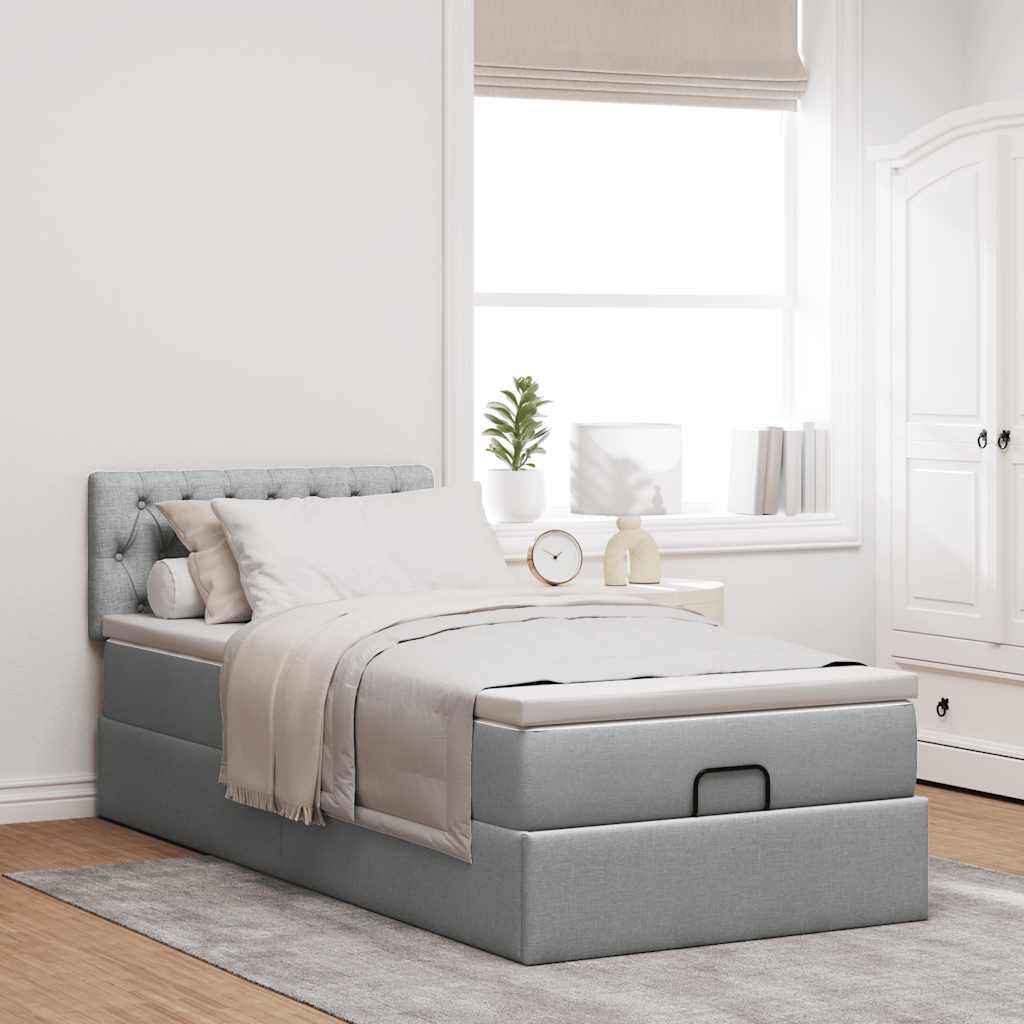vidaXL Łóżko Ottoman z materacem i LED, jasnoszary, 90x200 cm, tkanina
