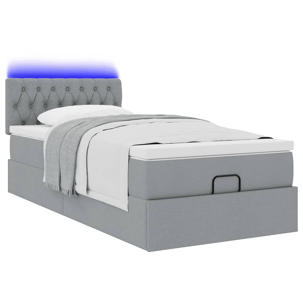 vidaXL Łóżko Ottoman z materacem i LED, jasnoszary, 90x200 cm, tkanina