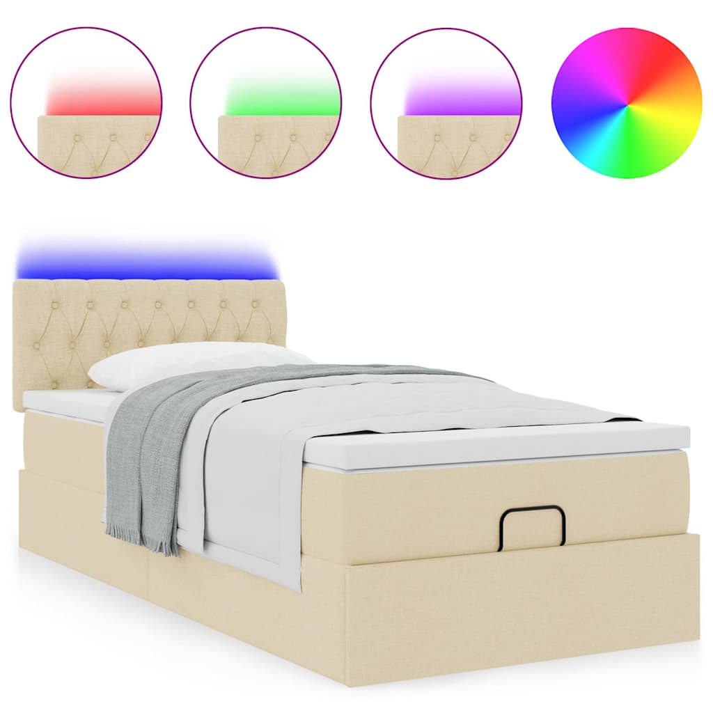 vidaXL Otomana Łóżko z Materacem i LED, kremowy, 90x200 cm, tkanina