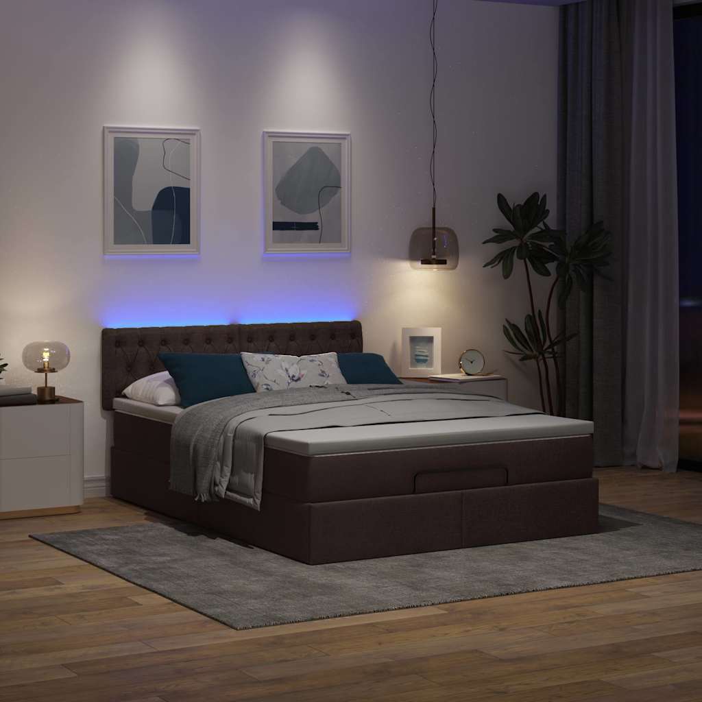vidaXL Łóżko otomana z materacem diodami LED ciemnobrązowe 140x190 cm