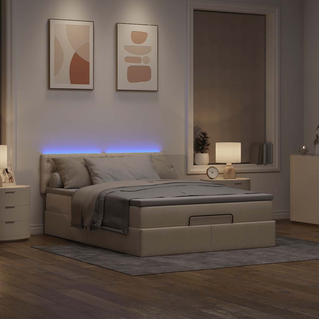 vidaXL Łóżko Ottoman z materacem i diodami LED kremowe 140x190 cm