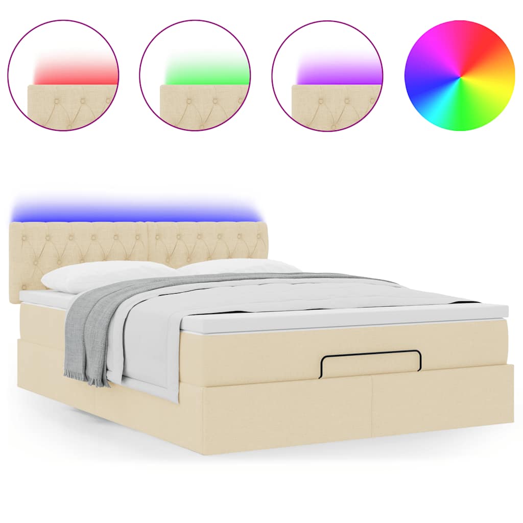 vidaXL Łóżko Ottoman z materacem i diodami LED kremowe 140x190 cm