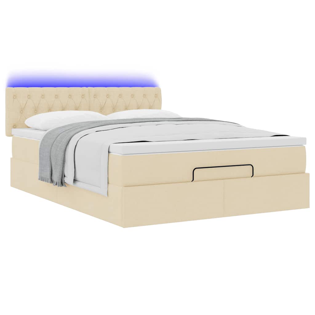 vidaXL Łóżko Ottoman z materacem i diodami LED kremowe 140x190 cm