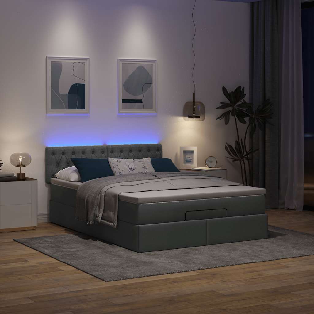 vidaXL Łóżko otomana z materacem i diodami LED ciemnoszare 140x200 cm