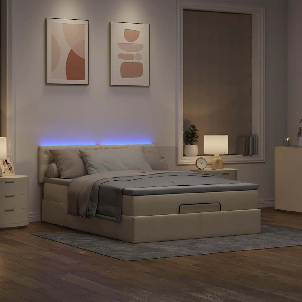 vidaXL Otomana Łóżko z Materacem i LED Kremowy 140x200 cm Tkanina