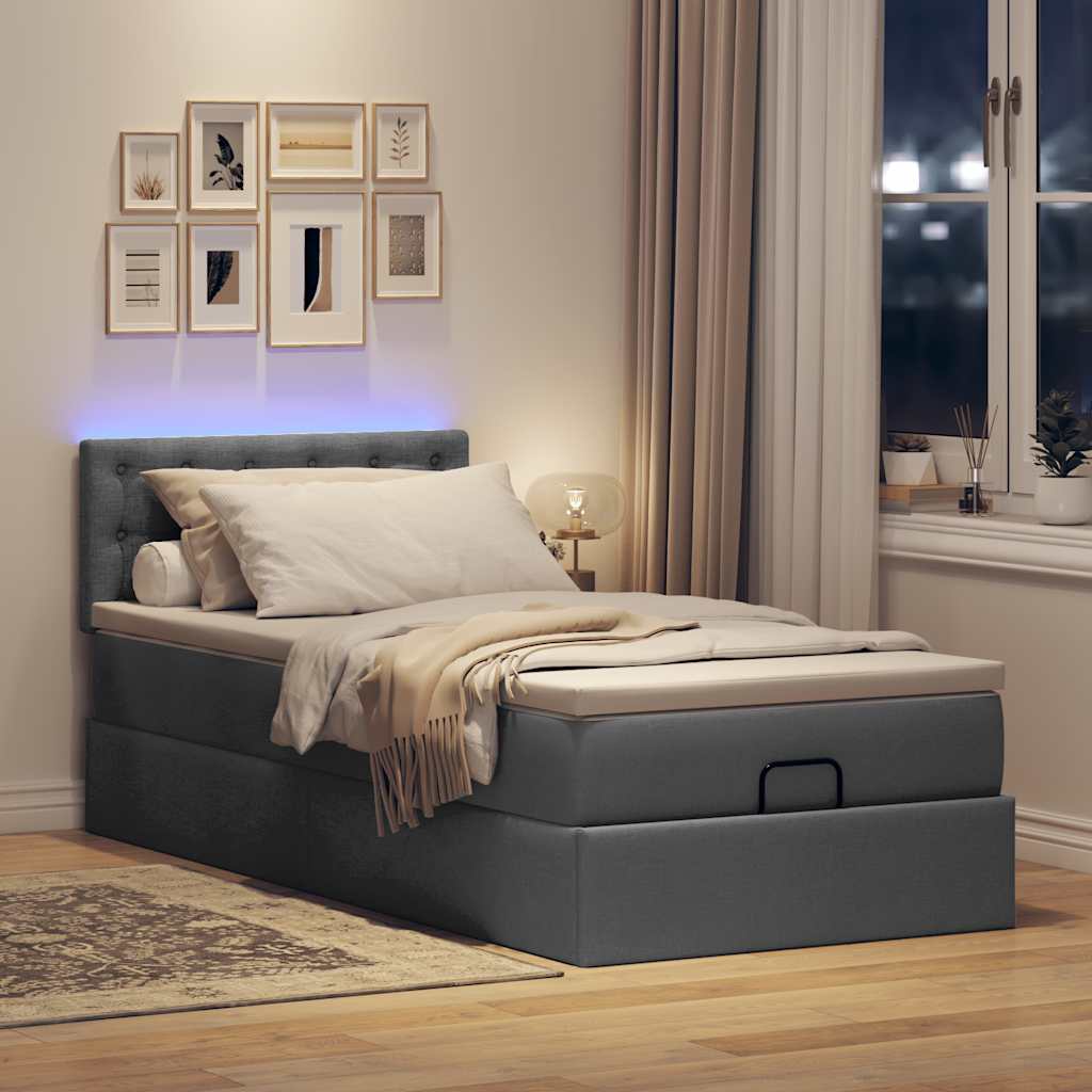 vidaXL Łóżko Ottoman z materacem i LED, ciemnoszary, 80x200cm, tkanina