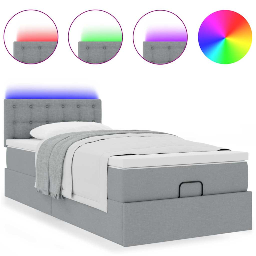 vidaXL Łóżko Ottoman z materacem i LED, jasnoszary, 90x200 cm, tkanina