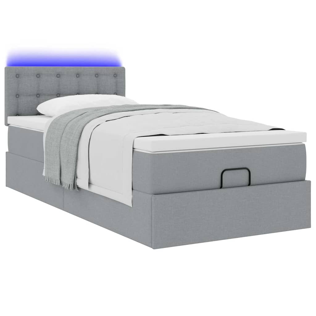 vidaXL Łóżko Ottoman z materacem i LED, jasnoszary, 90x200 cm, tkanina