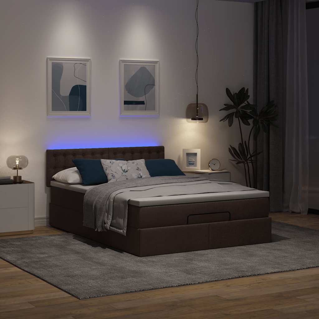 vidaXL Łóżko otomana z materacem diodami LED ciemnobrązowe 140x190 cm