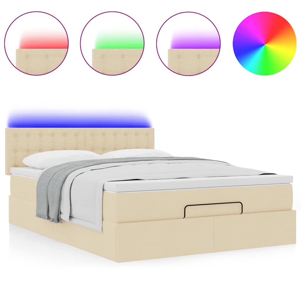 vidaXL Łóżko Ottoman z materacem i diodami LED kremowe 140x190 cm
