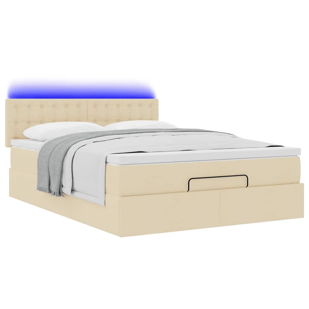 vidaXL Łóżko Ottoman z materacem i diodami LED kremowe 140x190 cm
