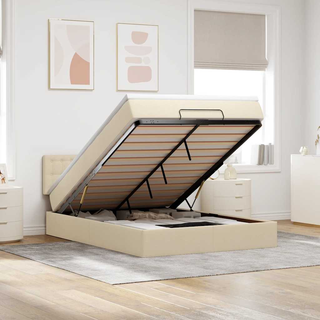 vidaXL Łóżko Ottoman z materacem i diodami LED kremowe 140x190 cm