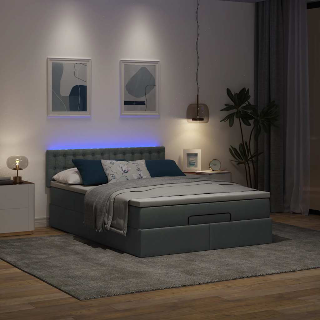 vidaXL Łóżko otomana z materacem i diodami LED ciemnoszare 140x200 cm