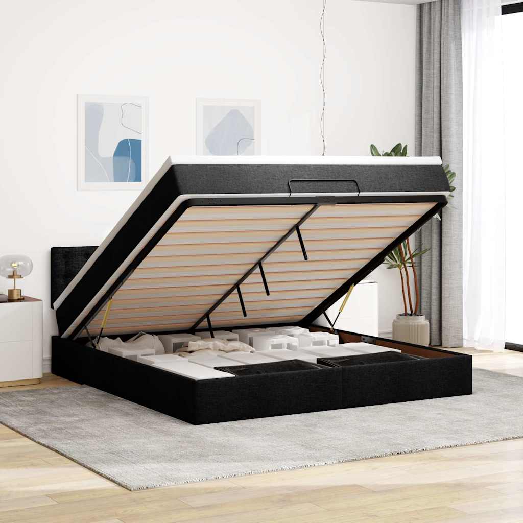 vidaXL Łóżko Ottoman z materacem i LED, czarny, 180x200cm, tkanina