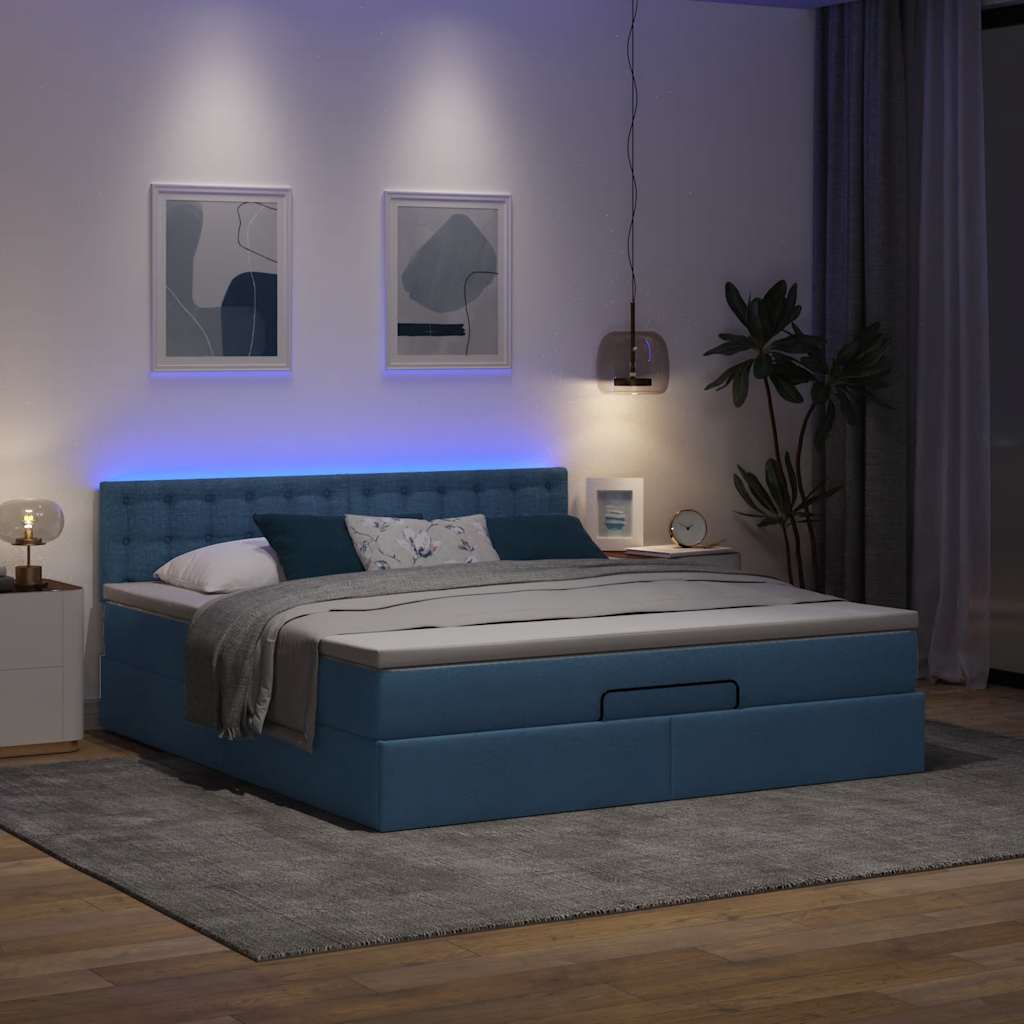 vidaXL Łóżko Ottoman z materacem i LED, niebieski, 180x200cm, tkanina