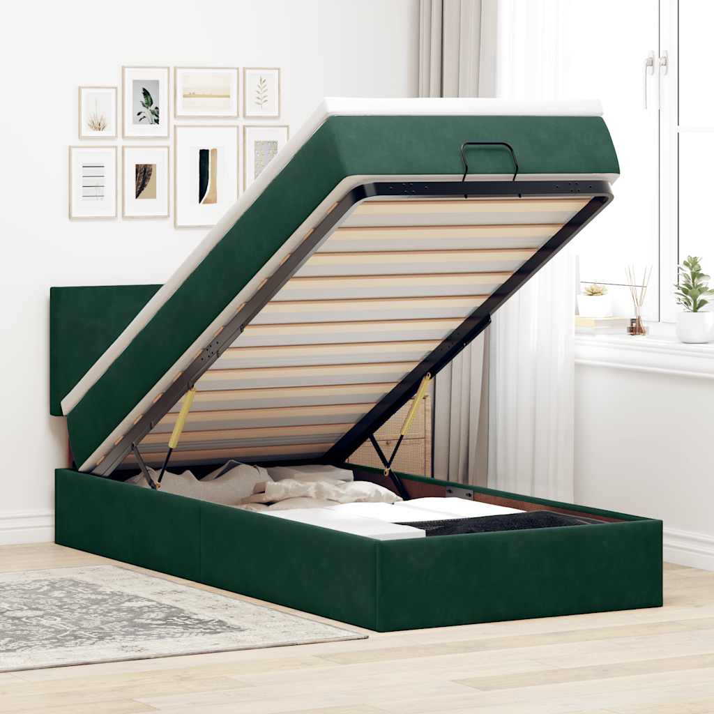 vidaXL Łóżko otomana z materacem i LED, ciemnozielony 80x200cm aksamit