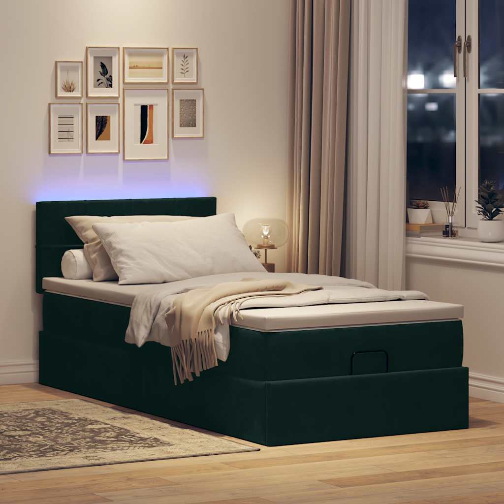 vidaXL Łóżko otomana z materacem i LED, ciemnozielony 80x200cm aksamit