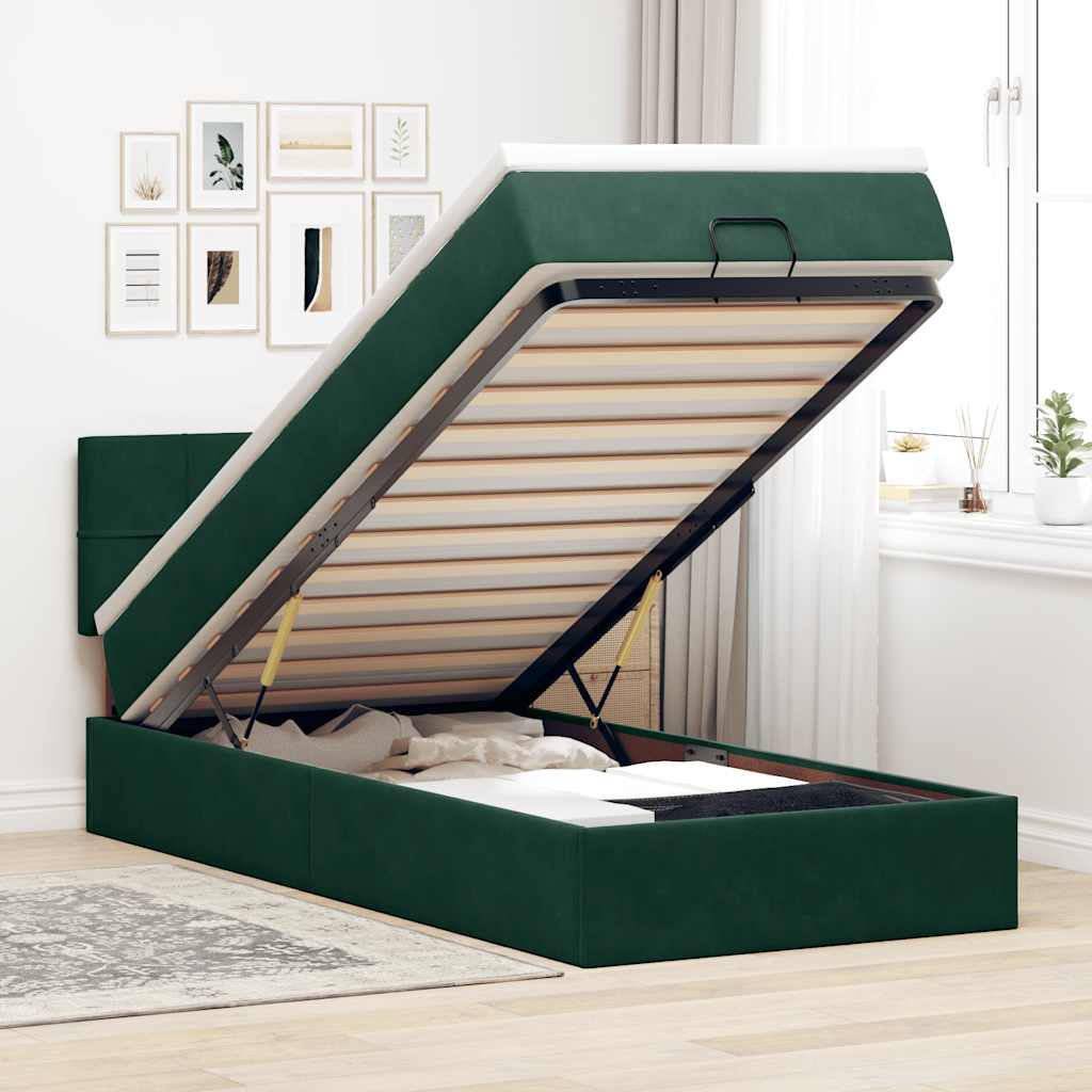 vidaXL Łóżko otomana z materacem i LED, ciemnozielony 90x200cm aksamit