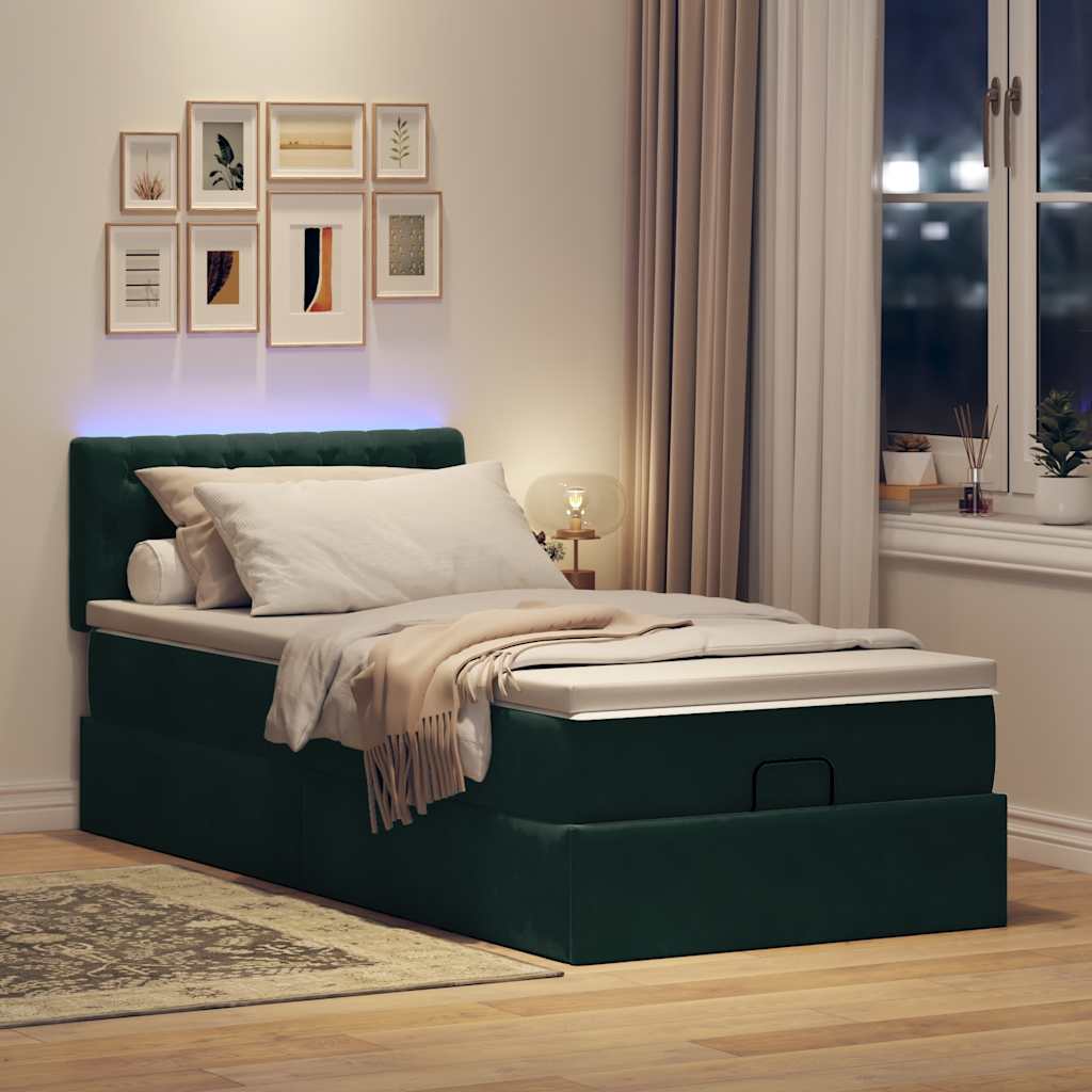 vidaXL Łóżko otomana z materacem i LED, ciemnozielony 90x200cm aksamit