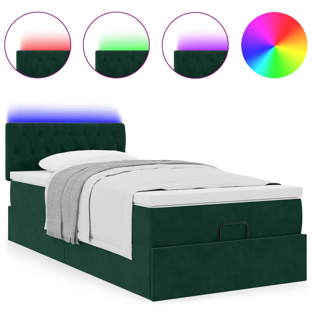 vidaXL Łóżko otomana z materacem i LED, ciemnozielony 90x200cm aksamit