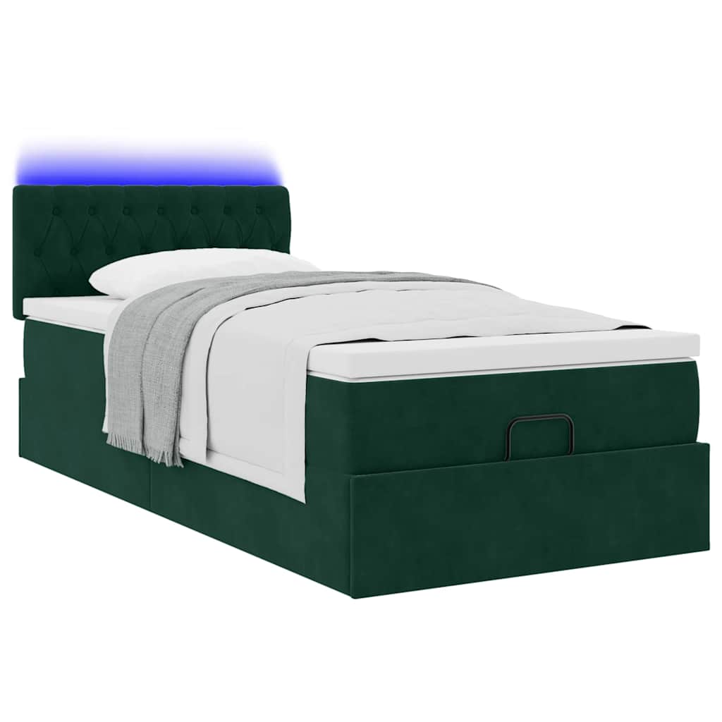 vidaXL Łóżko otomana z materacem i LED, ciemnozielony 90x200cm aksamit