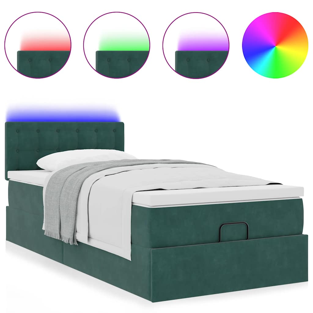 vidaXL Łóżko otomana z materacem i LED, ciemnozielony 90x200cm aksamit
